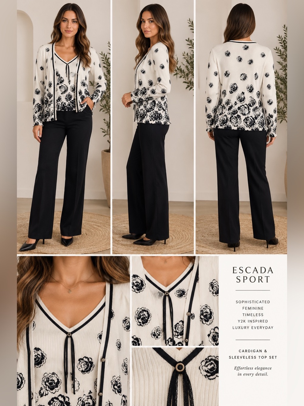 Escada Sport Silk Blend Floral Cardigan Tank Top Set Ivory Black XL Y2K